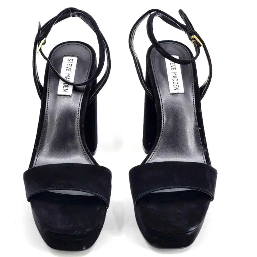 Steve Madden Lessa Platform Sandals Womens Size 9.5 Black Suede Chunky Heels Y2K